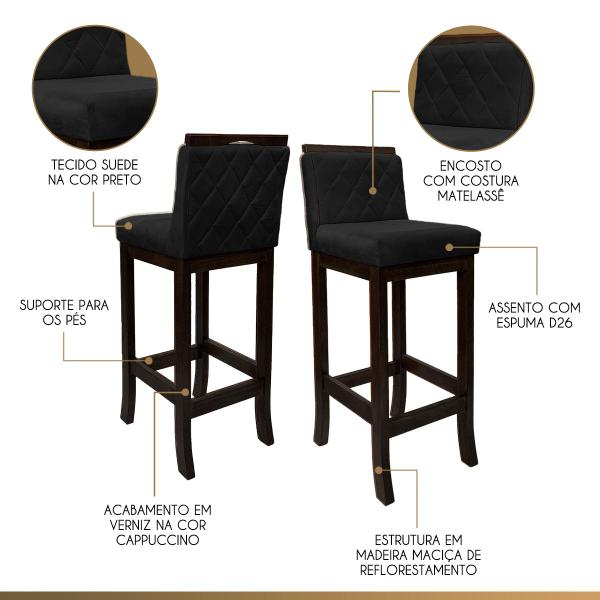 Imagem de Kit 2 Banquetas Alta em Madeira Maciça Nice Matelassê Suede Preto CCS