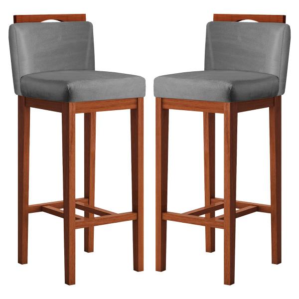Kit 2 Banquetas Alta para Bancada Ilha 38x102 Cm Líbia Madeira Maciça Suede Cinza CCS - CCS Interiores Imagem de Kit 2 Banquetas Alta para Bancada Ilha 38x102 Cm Líbia Madeira Maciça Suede Cinza CCS