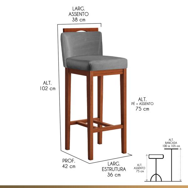 Kit 2 Banquetas Alta para Bancada Ilha 38x102 Cm Líbia Madeira Maciça Suede Cinza CCS - CCS Interiores Imagem de Kit 2 Banquetas Alta para Bancada Ilha 38x102 Cm Líbia Madeira Maciça Suede Cinza CCS