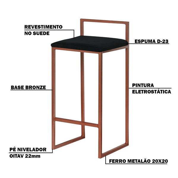 Imagem de Kit 2 Banquetas Decorativa Jasmine Base Bronze Suede Preto G41 - Gran Belo