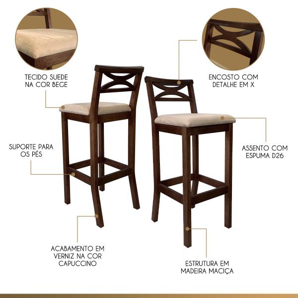 Imagem de Kit 2 Banquetas Media Estofada para Bancada Madri Madeira Capuccino Suede CCS