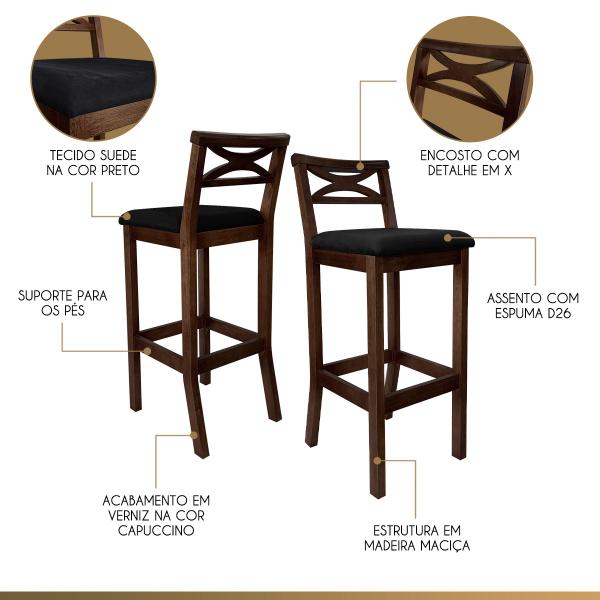 Imagem de Kit 2 Banquetas Media Estofada para Bancada Madri Madeira Capuccino Suede Preto CCS