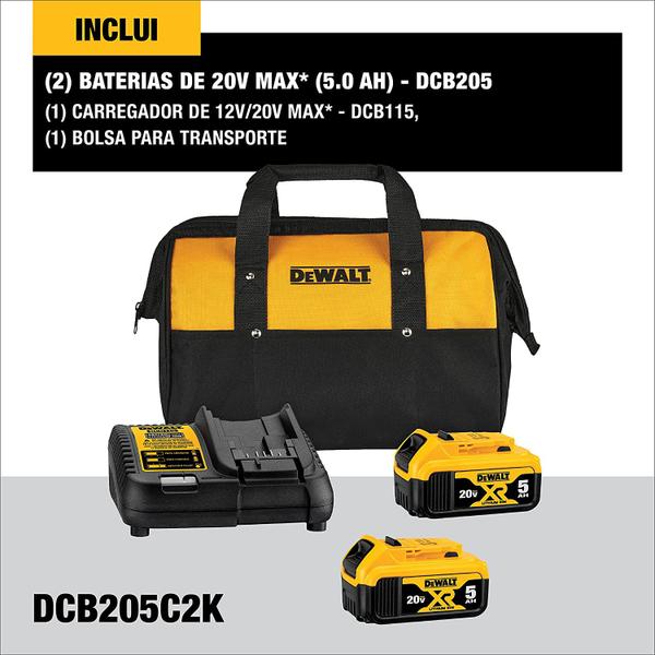 Imagem de Kit 2 Baterias 20V MAX C/ Carregador DeWalt 20V 5A C/ Bolsa