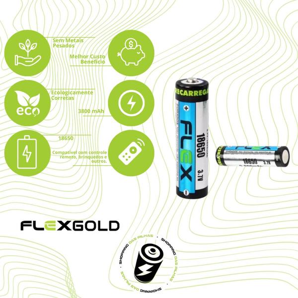 Imagem de Kit 2 Baterias Recarregável 18650 de 3,7V 3800mAh Lanternas Flex Gold