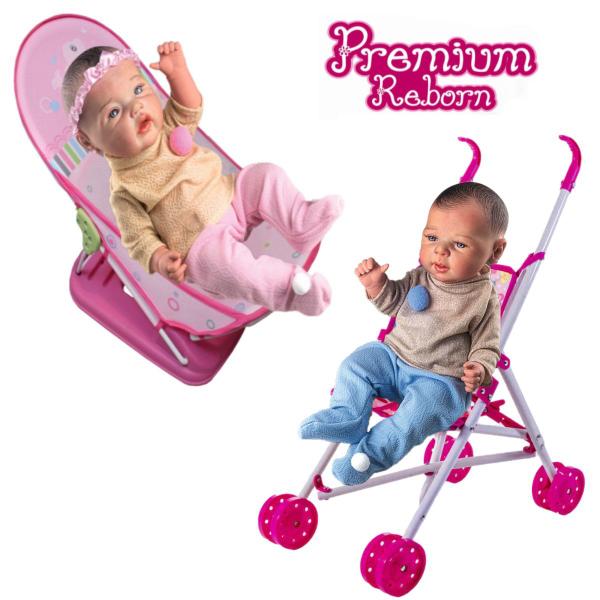 Imagem de Kit 2 Bebê Reborn Menina Menino + Banheira Rosa e Carrinho