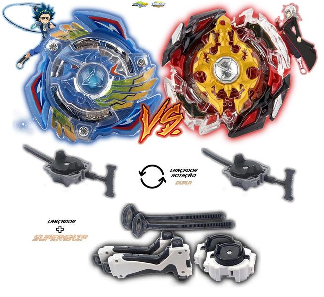 Imagem de Kit 2 Beyblade Burst + 4 Lançadores Valtryek Vs God Spriggan Valt e Shu