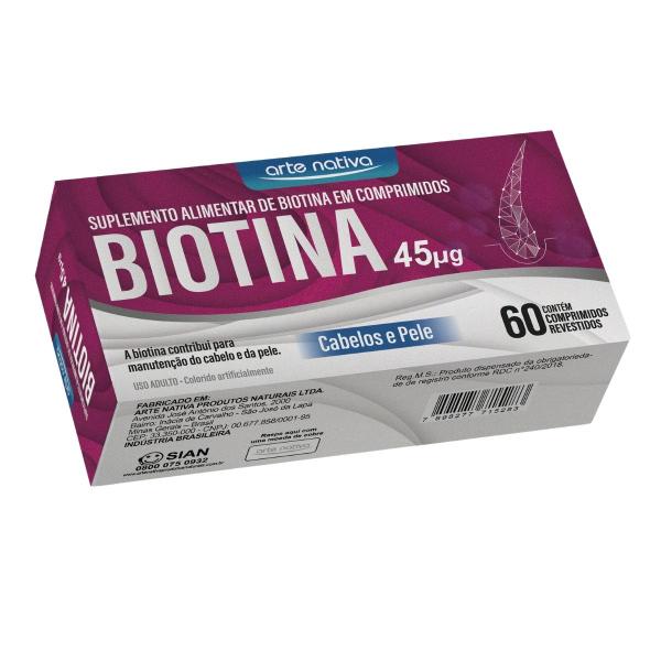 Imagem de Kit 2 Biotina 45mcg 60 Comprimidos Cada - Arte Nativa, Suplemento Alimentar para Cabelo e Pele