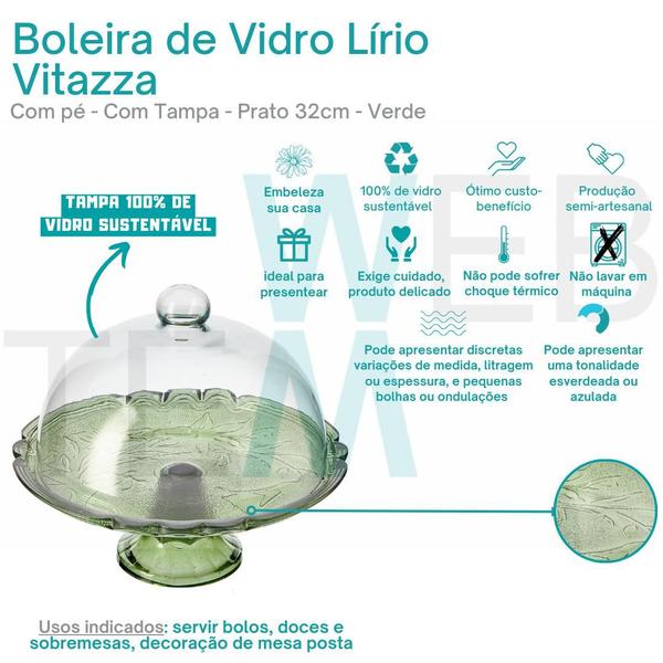 Imagem de Kit 2 Boleiras de Vidro com Pé e Tampa Lírio 32cm Verde Vitazza Prato para Bolo e Doces, Decoração de Festas, Mesa Posta Elegante e Sustentável