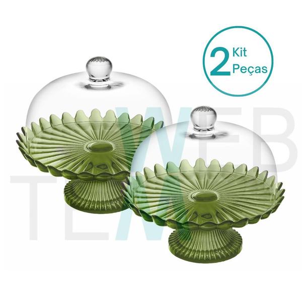 Imagem de Kit 2 Boleiras de Vidro com Pé e Tampa Pétalas de Jasmin 24cm Verde Vitazza Prato para Bolo Doce Decoração de Festas Mesa Posta Elegante Sustentável