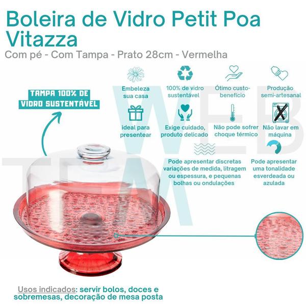 Imagem de Kit 2 Boleiras de Vidro com Pé e Tampa Petit Poa 28cm Vermelha Vitazza Prato para Bolo e Doces, Decoração de Festas, Mesa Posta Elegante e Sustentável