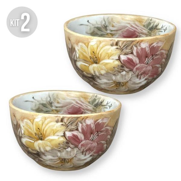 Imagem de KIT 2 Bowls Tigela Japonesa Cumbuca de Porcelana Açai 500 ml Pintada à Mão AZALEIAS BRANCA ROSA AMARELA