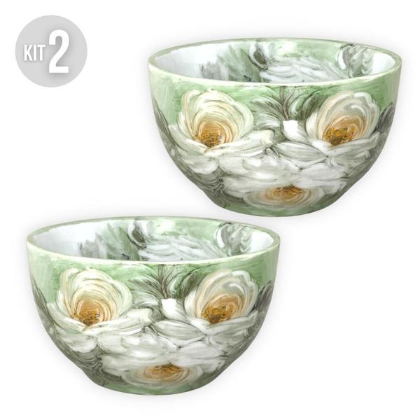 Imagem de KIT 2 Bowls Tigela Japonesa Cumbuca de Porcelana Açai 500 ml Pintada à Mão ROSAS BRANCA