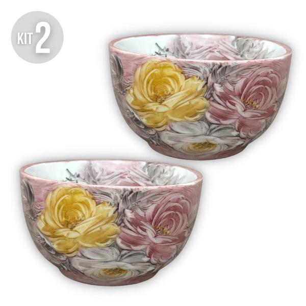 Imagem de KIT 2 Bowls Tigela Japonesa Cumbuca de Porcelana Açai 500 ml Pintada à Mão ROSAS BRANCA ROSA AMARELA