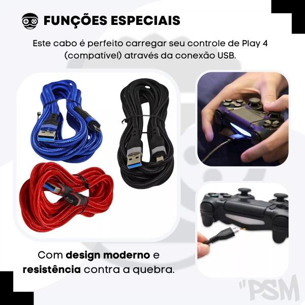 Imagem de Kit 2 Cabo Carregador Controle Para Ps4 Fio Reforçado 3 Metros 3m Manete Usb