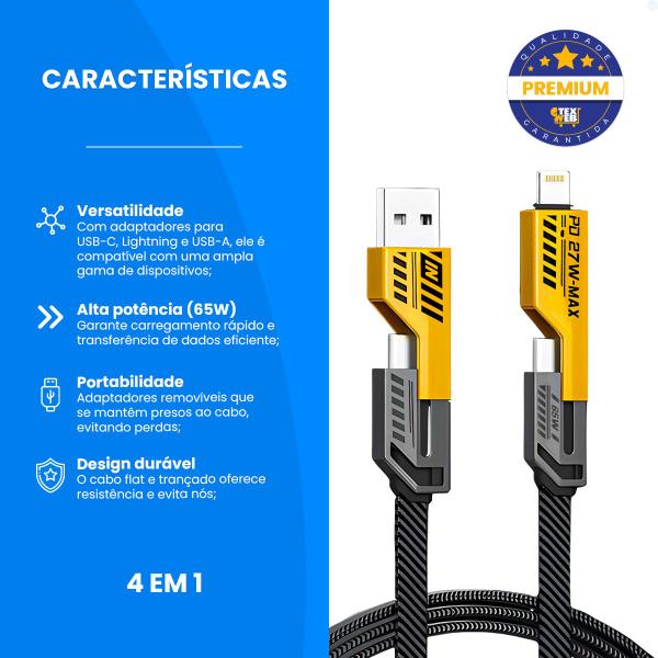 Imagem de Kit 2 Cabo USB Para Tipo-C Lightning 4 Em 1 Carga Rápida 65W