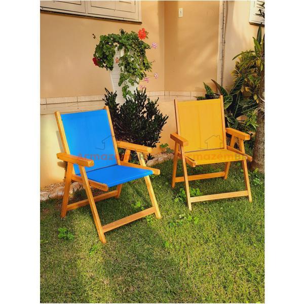 Imagem de Kit 2 Cadeira De Madeira Dobrável Para Lazer Jardim Praia Piscina Camping Amarelo E Azul - AMZ