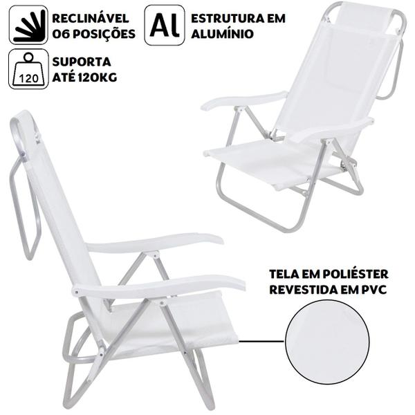 Imagem de Kit 2 Cadeira Reclinável Sunny 6 Posições Em Alumíno Para Praia Piscina Camping Branca - Belfix