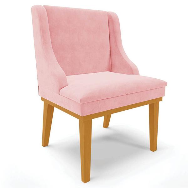 Imagem de Kit 2 Cadeiras Estofadas para Sala de Jantar Base Fixa de Madeira Castanho Lia Suede Rosa bebê - Ibiza