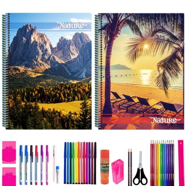 Imagem de Kit 2 Caderno Natureza 200 Folhas Arame Capa Dura 40 Itens