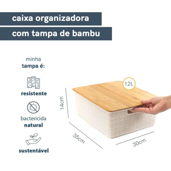 Imagem de Kit 2 Caixas Cesto Organizador 12 Litros Com Tampa de Bambu Grande Multiuso