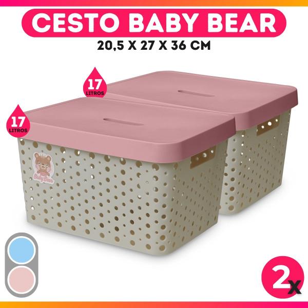 Imagem de Kit 2 Caixas Cesto Organizador Baby Bear Rosa Azul 17L Trama Rattan Infantil Quarto Criança - Usual