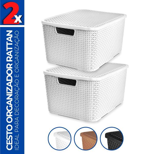 Imagem de Kit 2 Caixas Cesto Rattan Organizadora c/ Tampa Multiuso 20L