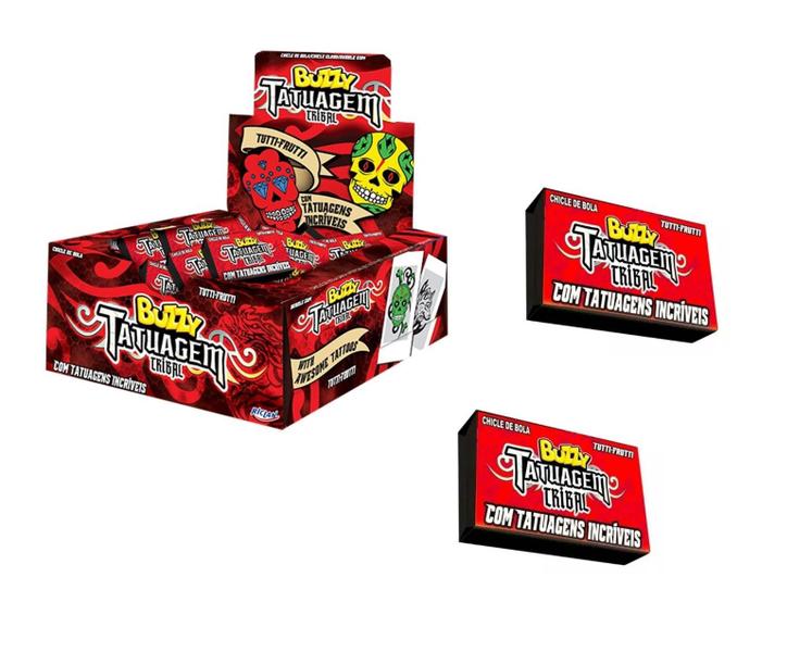 Kit 2 Caixas Chiclete Buzzy Tutti Frutti Tatuagem Riclan - geral Imagem de Kit 2 Caixas Chiclete Buzzy Tutti Frutti Tatuagem Riclan