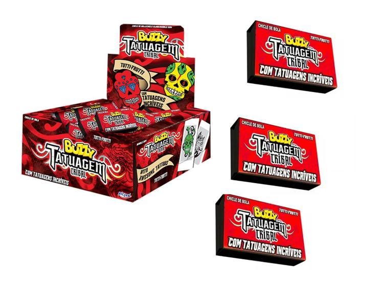 Kit 2 Caixas Chiclete Buzzy Tutti Frutti Tatuagem Riclan - geral Imagem de Kit 2 Caixas Chiclete Buzzy Tutti Frutti Tatuagem Riclan