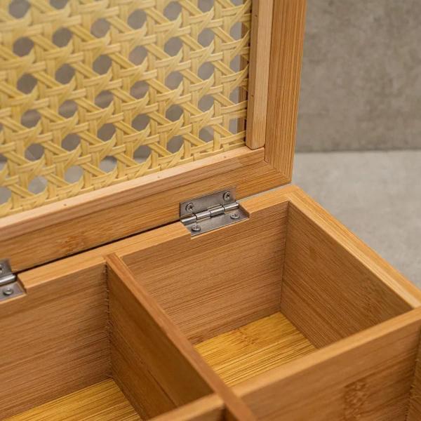 Imagem de Kit 2 Caixas Decorativa Porta Chá Bambu Com Palha Organizadora Bijuterias 4 Divisórias Oikos