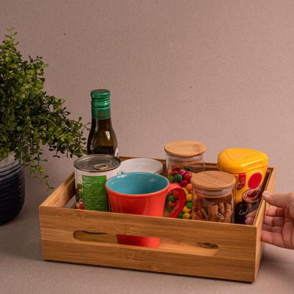 Imagem de Kit 2 Caixas Organizadora Cesto Bambu Dispensa Com Alças Decorativa Empilhavél