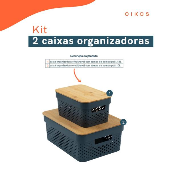 Imagem de Kit 2 caixas organizadoras com tampa de bambu poá 3,5l e 10l cinza - Oikos