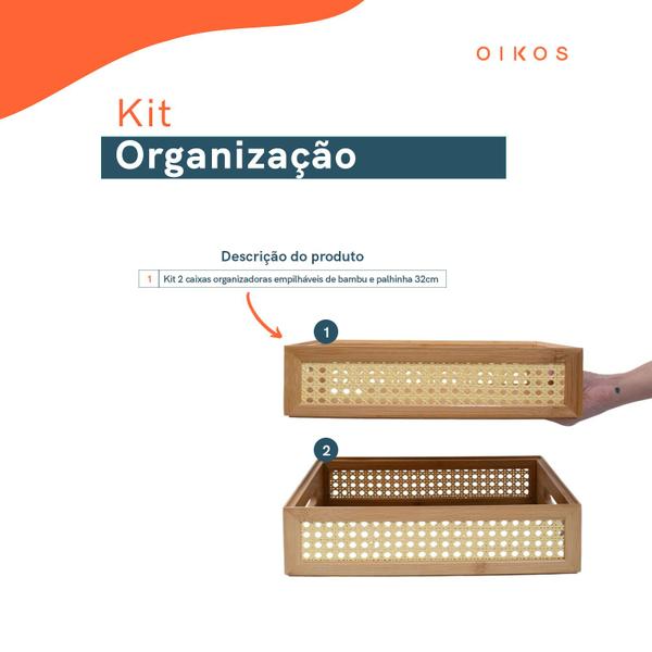 Imagem de Kit 2 caixas organizadoras empilháveis de bambu e palhinha 32cm - Oikos