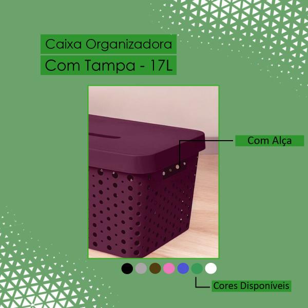 Imagem de Kit 2 Caixas Organizadoras Multiuso 17 Litros Cada Com Tampa de Fácil Encaixe Alça Vazada