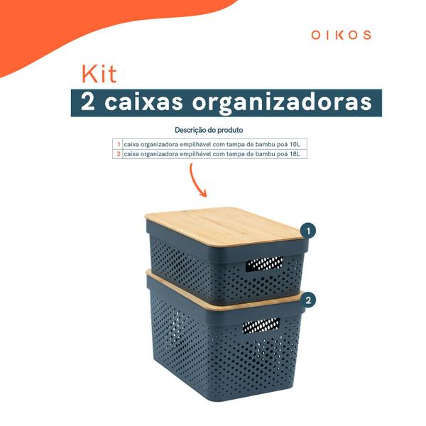 Imagem de Kit 2 caixas organizadoras multiuso empilhável com tampa de bambu poá 10L E 18L cinza - Oikos