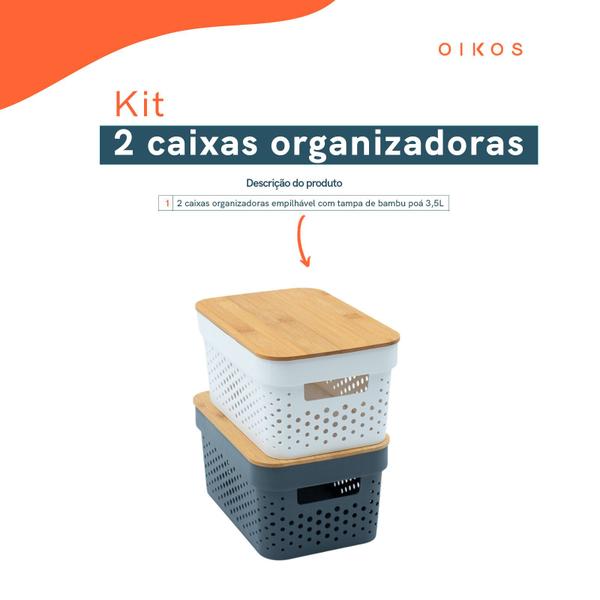 Imagem de Kit 2 caixas organizadoras multiuso empilhável com tampa de bambu poá 3,5L branco e cinza - Oikos