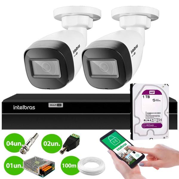 Imagem de Kit 2 Câmeras Intelbras VHD 1130 B HD 720p Bullet com Lente 2.8mm Visão Noturna 30m IP67 + DVR Intelbras MHDX 1204 4 Canais + HD 1TB Purple