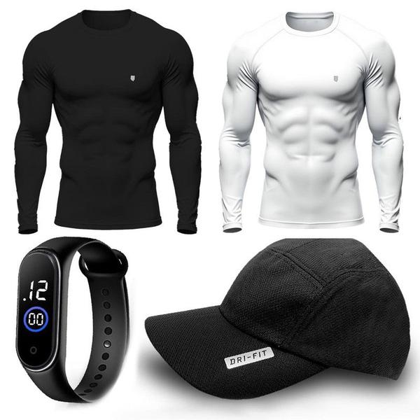 Imagem de Kit 2 Camisa Térmica Masculina UV Segunda Pele Protação Solar 50+ Manga Longa  + Boné Dry Fit + Relógio