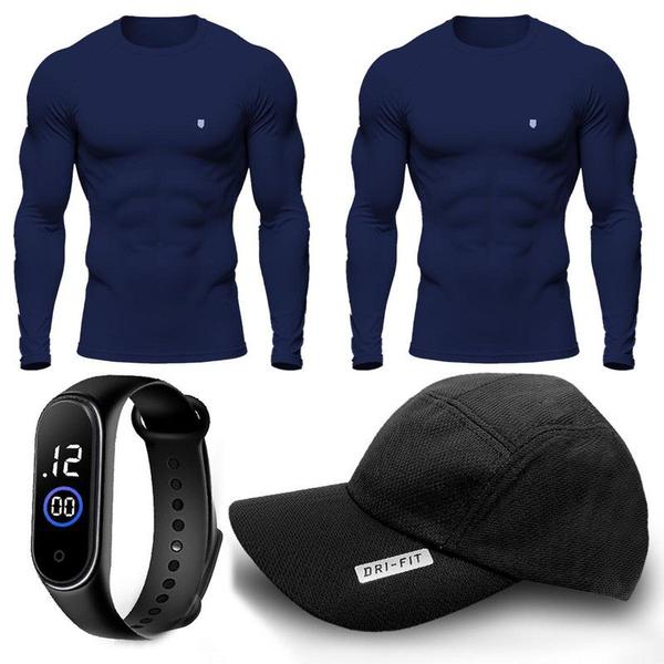 Imagem de Kit 2 Camisa Térmica Masculina UV Segunda Pele Protação Solar 50+ Manga Longa  + Boné Dry Fit + Relógio