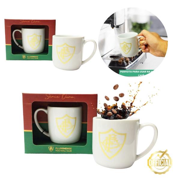 Imagem de Kit 2 Canecas Branca Xícara Porcelana Urban 300ml Café Fluminense Serie Ouro Dourado Oficial