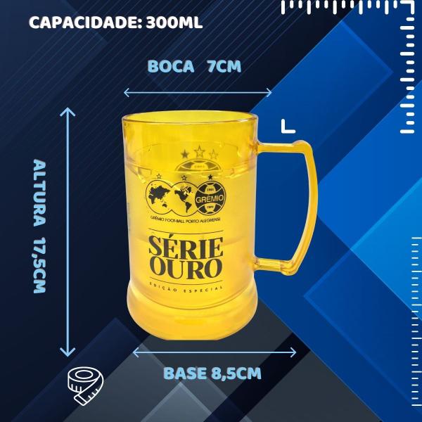 Imagem de Kit 2 Canecas Copo Gel 300ml + Cordão 65cm Isolante Térmico Chopp Cerveja Grêmio Série Ouro