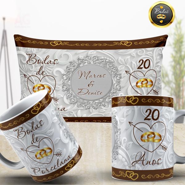 Imagem de Kit 2 Canecas e 1 Uma Almofada 20x30 Bodas de  PORCELANA - Personalizada Innovari