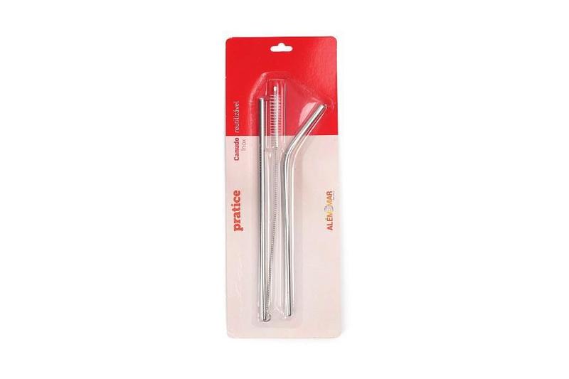 Imagem de Kit 2 Canudos Inox Reto Curvado Escova Limpeza 560Mtzi