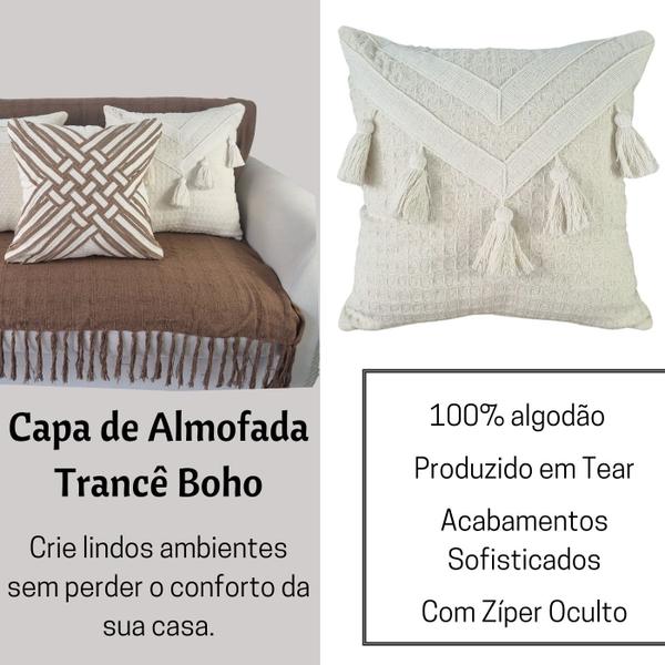 Imagem de kit 2 Capa de almofada Decorativa Boho chic Trance Pingentes Pompom Algodão Artesanal 45x45cm 