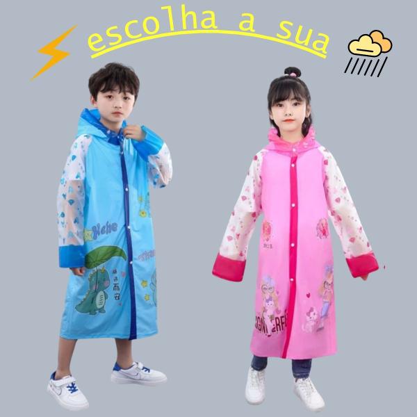 Imagem de kit 2 Capa de chuva infantil para menina menino com capuz e bolsos pvc reforçada desenhada dinossauro princesa escolha a sua