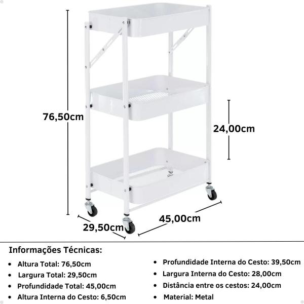 Imagem de Kit 2 Carrinho Multiuso Organizador Dobrável com 3 Prateleiras - Branco