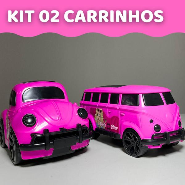 Imagem de Kit 2 Carros Kombi Fusca Rosa Orange Toys Carros clássicos Brinquedo Kit de carros Réplica Infantil