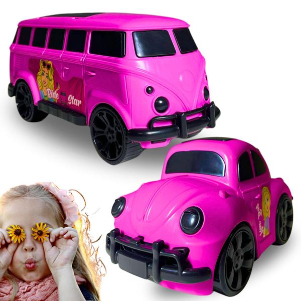 Imagem de Kit 2 Carros Kombi Fusca Rosa Orange Toys Carros clássicos Brinquedo Kit de carros Réplica Infantil