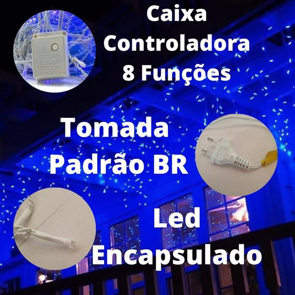 Imagem de Kit 2 Cascatas 400 Leds 10M C/ 8 Funções Azul C/ Fio Branco 127v