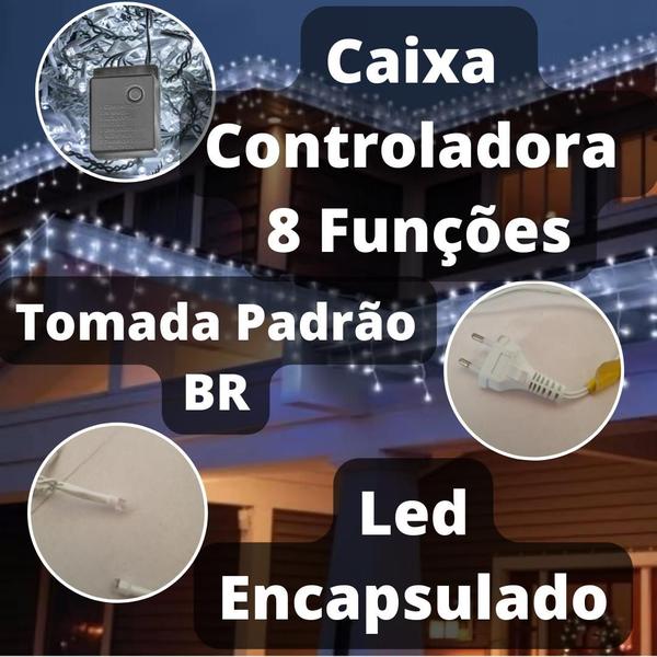 Kit 2 Cascatas 400 Leds 10M C/ 8 Funções Branco Frio C/ Fio Branco 220v - Brilliant Imagem de Kit 2 Cascatas 400 Leds 10M C/ 8 Funções Branco Frio C/ Fio Branco 220v