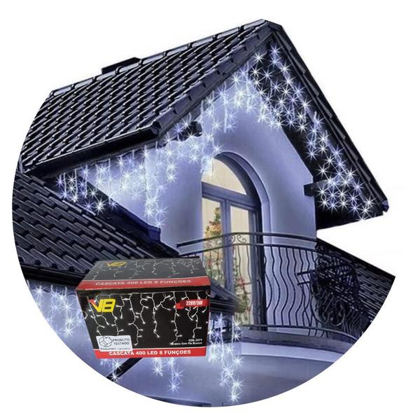 Kit 2 Cascatas 400 Leds 10M C/ 8 Funções Branco Frio C/ Fio Branco 220v - Brilliant Imagem de Kit 2 Cascatas 400 Leds 10M C/ 8 Funções Branco Frio C/ Fio Branco 220v